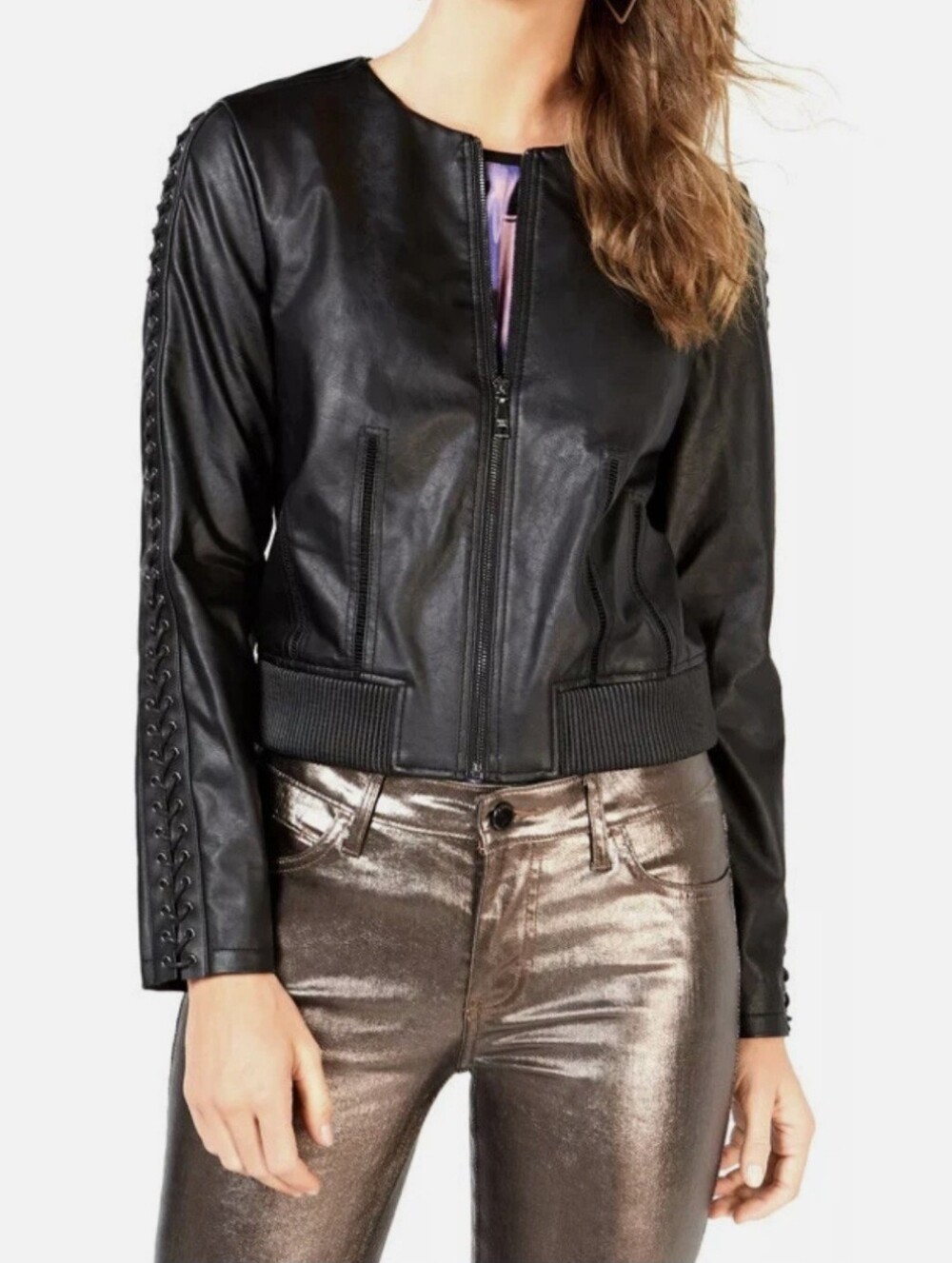 GUESS Aiken Black Lace-Up Faux Leather Moto Jacket